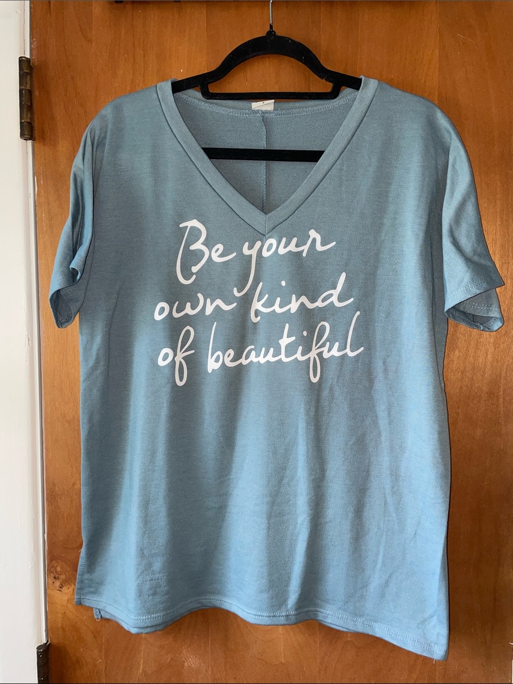 Sew In Love Blue V-Neck Tee with White Script